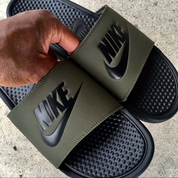 olive green nike slides